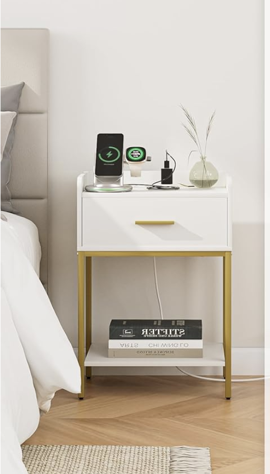 Masupu Nightstand with Charging Station (White) for bedroom or living room