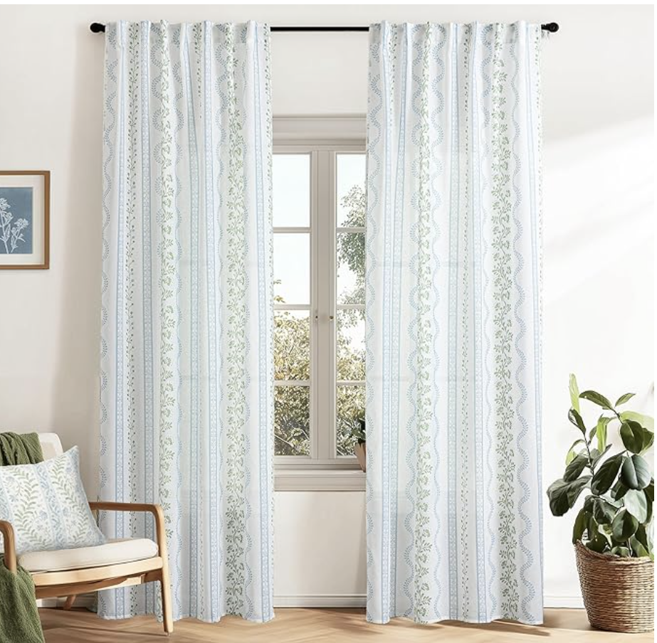 Cottagecore Sheer Linen Printed Curtains (96", Floral pattern, 2 panels) for bedroom
