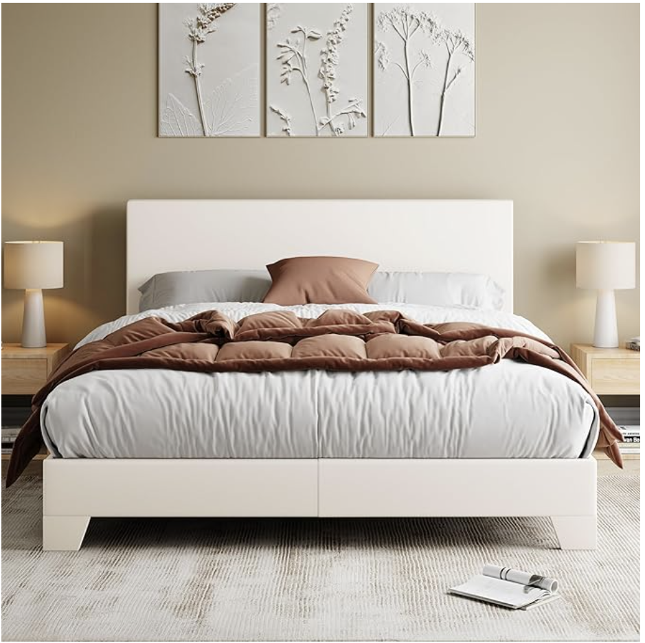 Allewie Full Size Bed Frame with Adjustable Headboard (White Faux Leather) for bedroom
